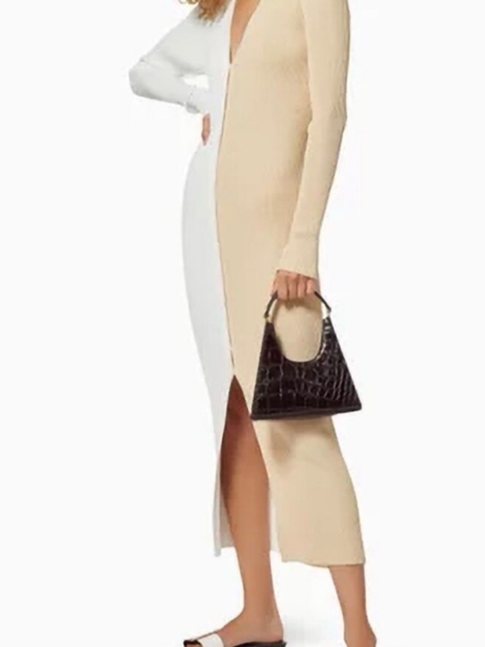Staud Shoko Colorblocked Beige and White Ribbed Midi Cardigan Dress